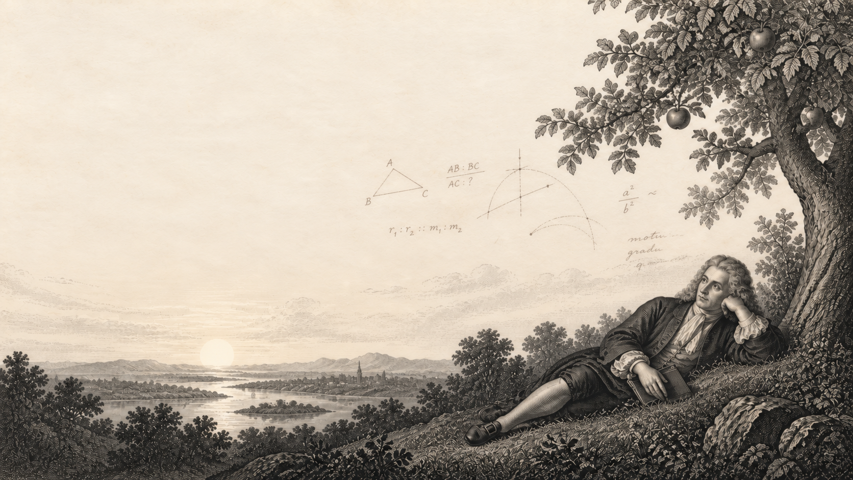 An engraved scholar reclining beneath an apple tree